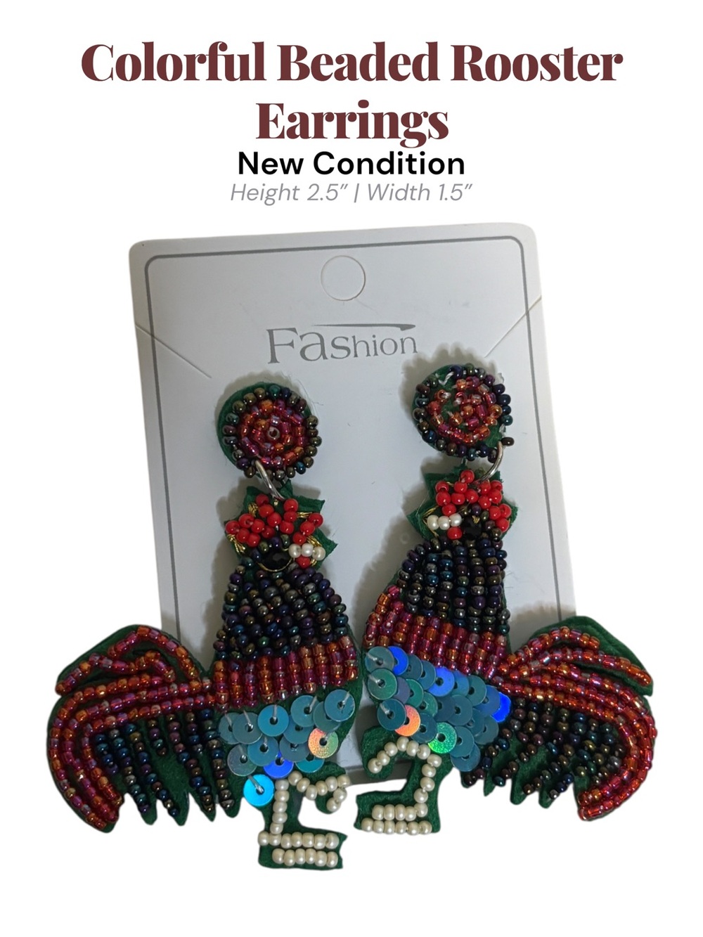 Colorful Beaded Rooster Drop Earrings Sequin Accent Statement Jewelry